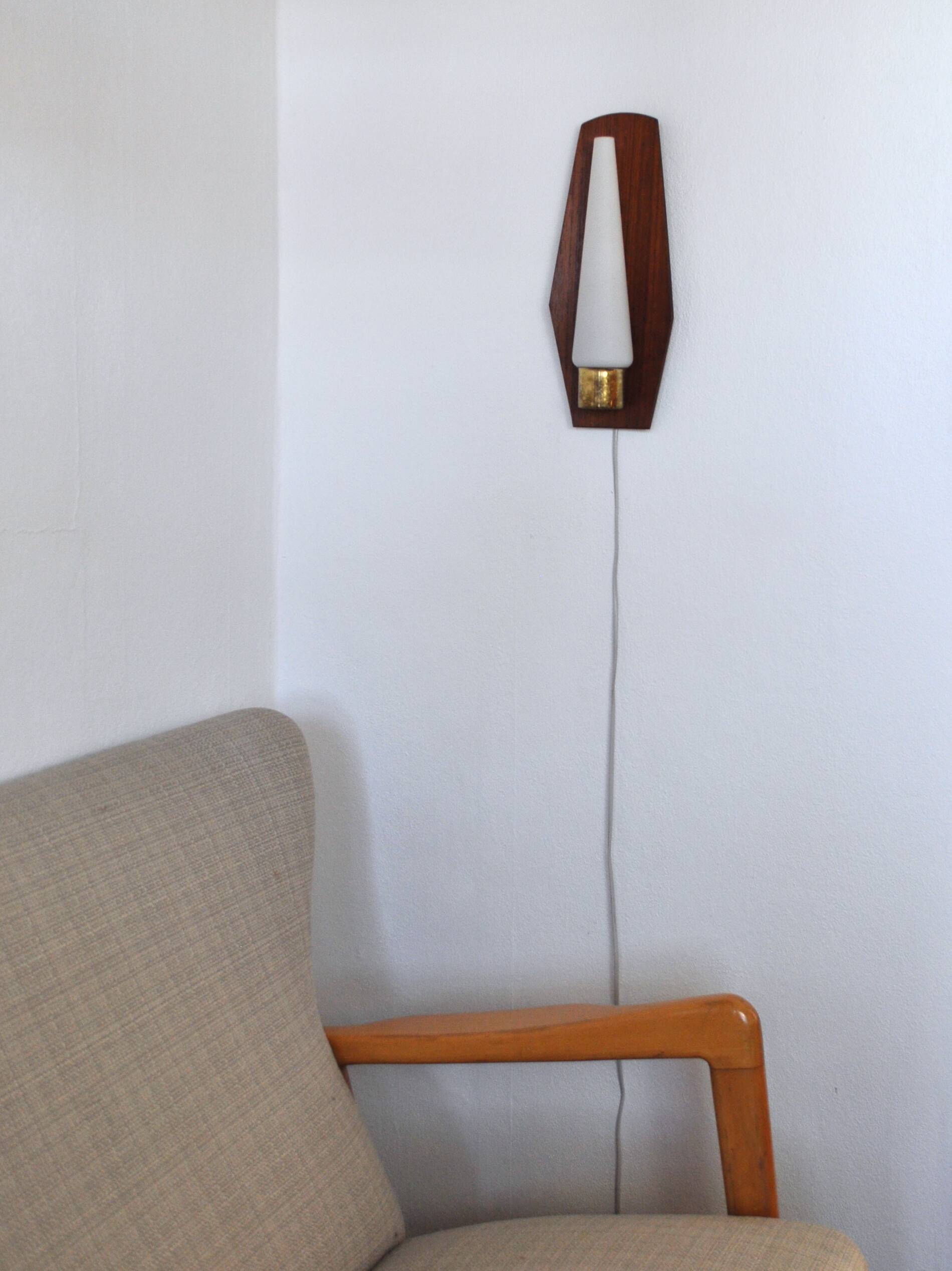 Scandinavian modern danish wall light in teak, brass and opaline glass, 1960s
