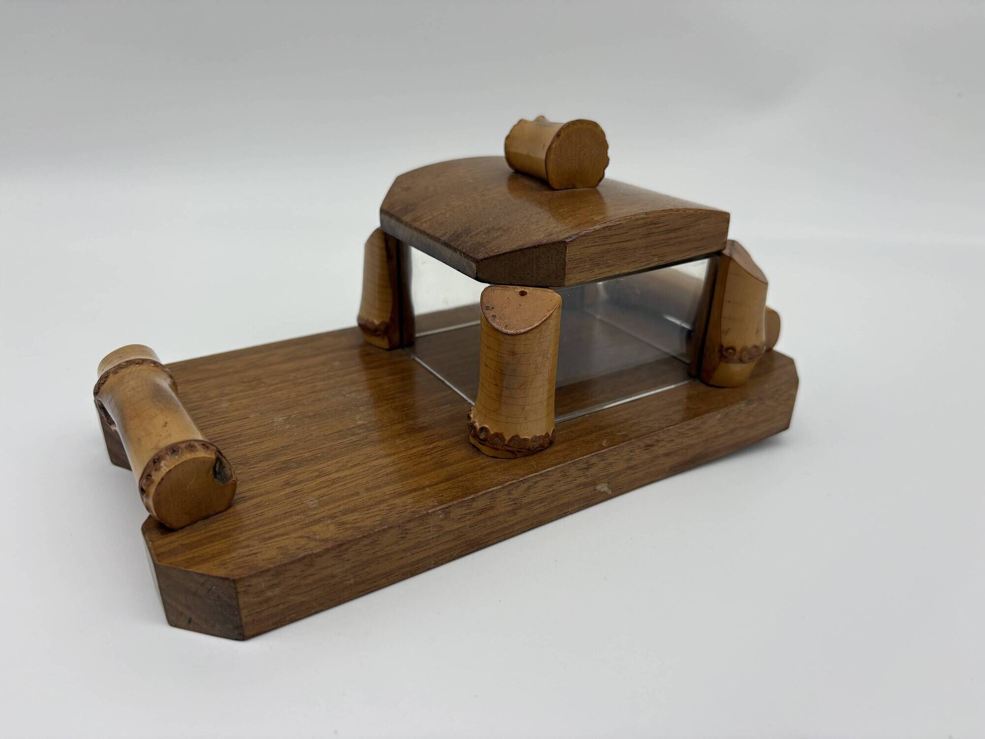 Vintage butter dish in wood, glass and bamboo – 1960s
