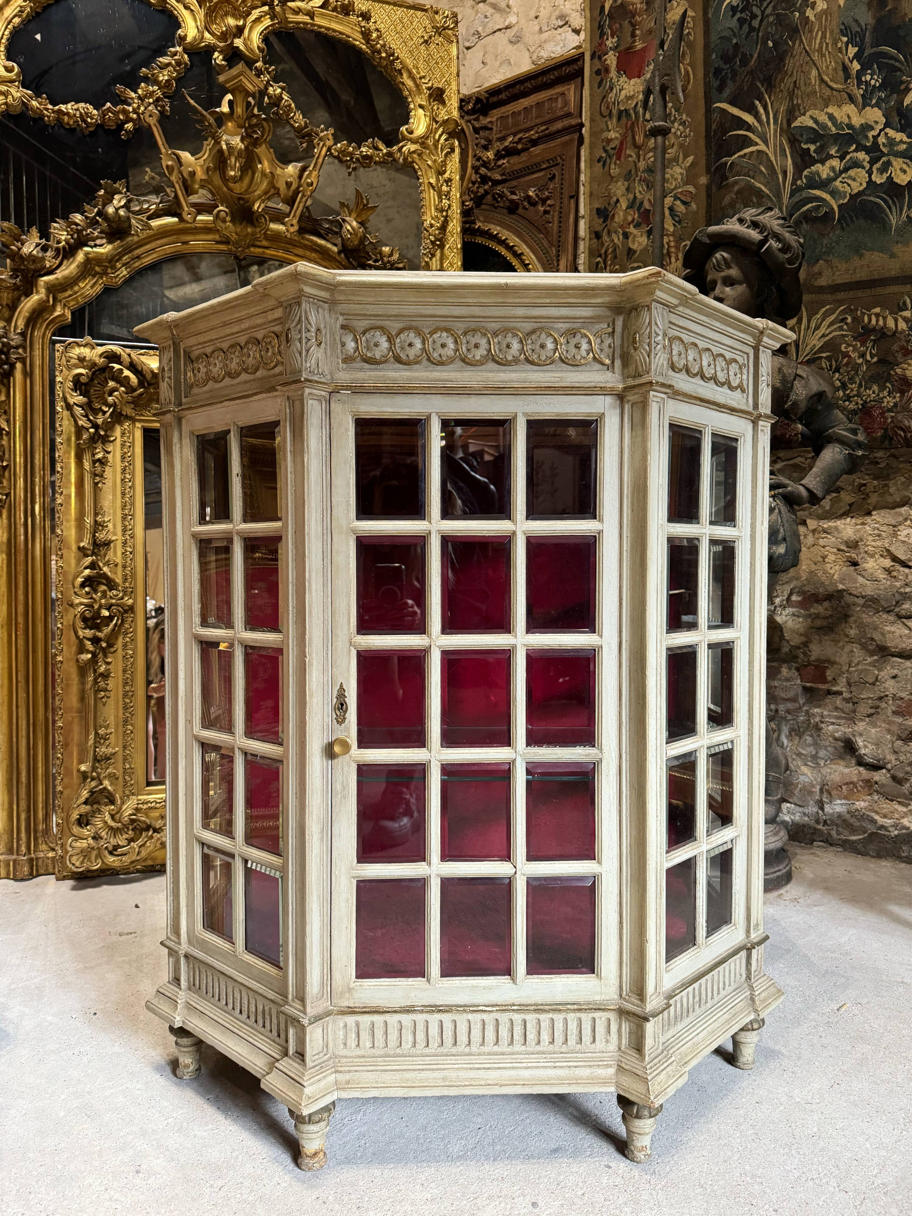 Napoleon III Period Display Cabinet in Painted Wood with Beveled Tiles in Louis XVI Style