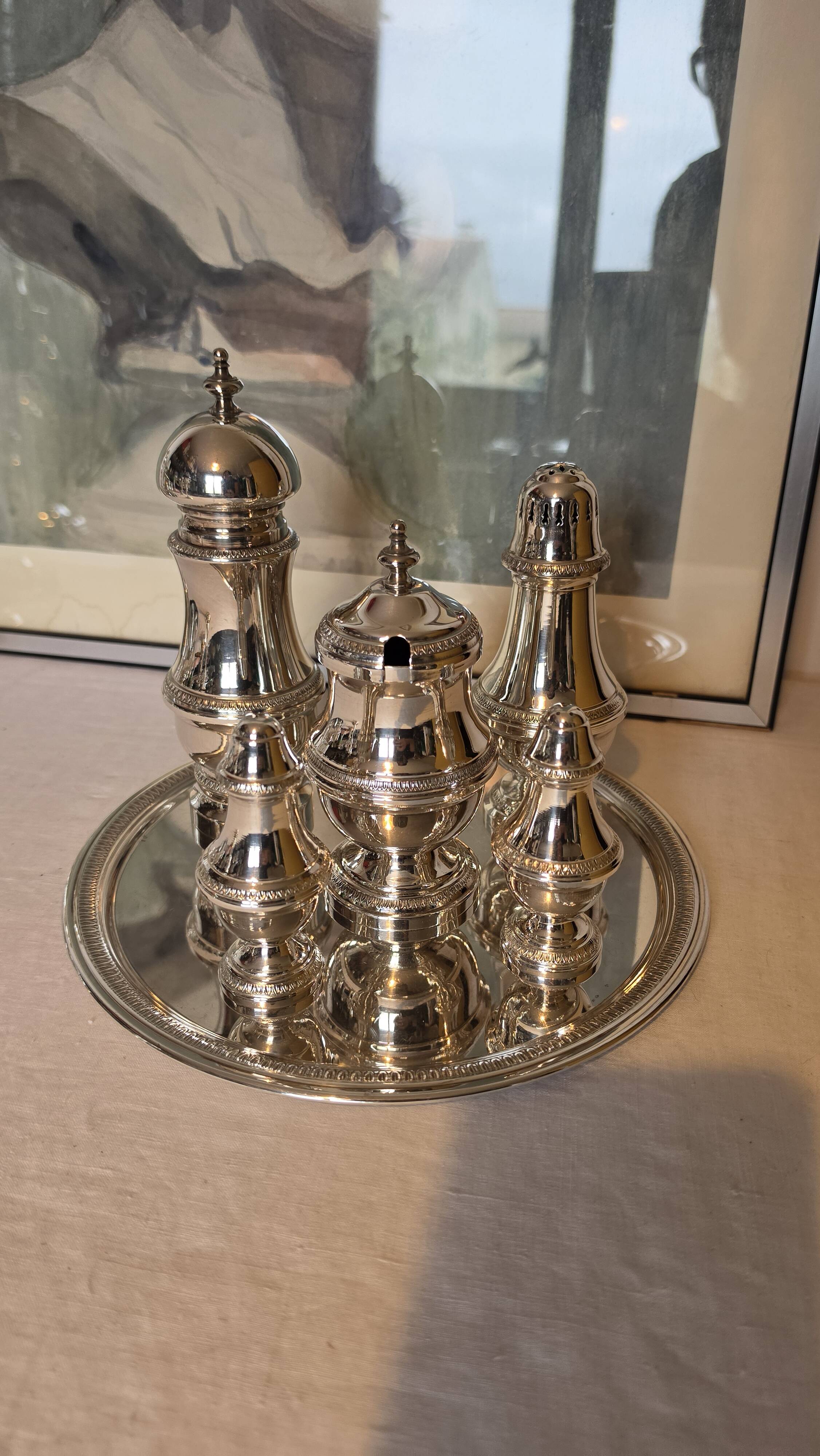 Exclusive 6-piece silver-plated spice service, classic Georgian style.
