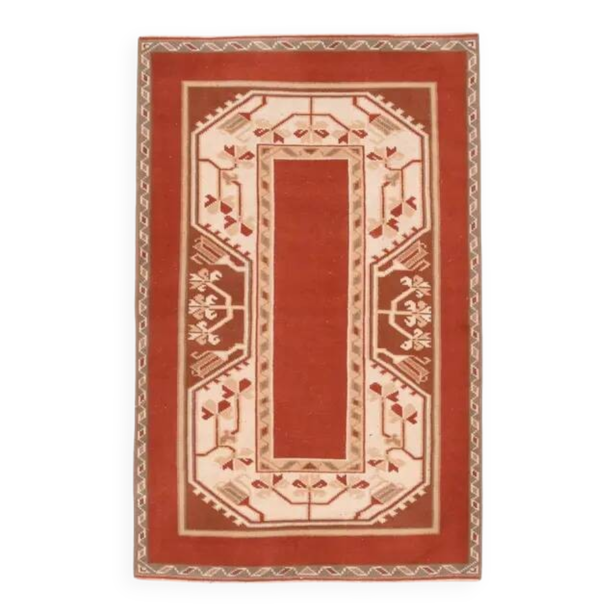1970's Vintage Turkish Milas Handmade Wool Cotton Orange Area Rug 88x136