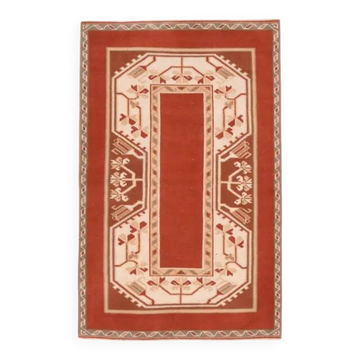 1970's Vintage Turkish Milas Handmade Wool Cotton Orange Area Rug 88x136