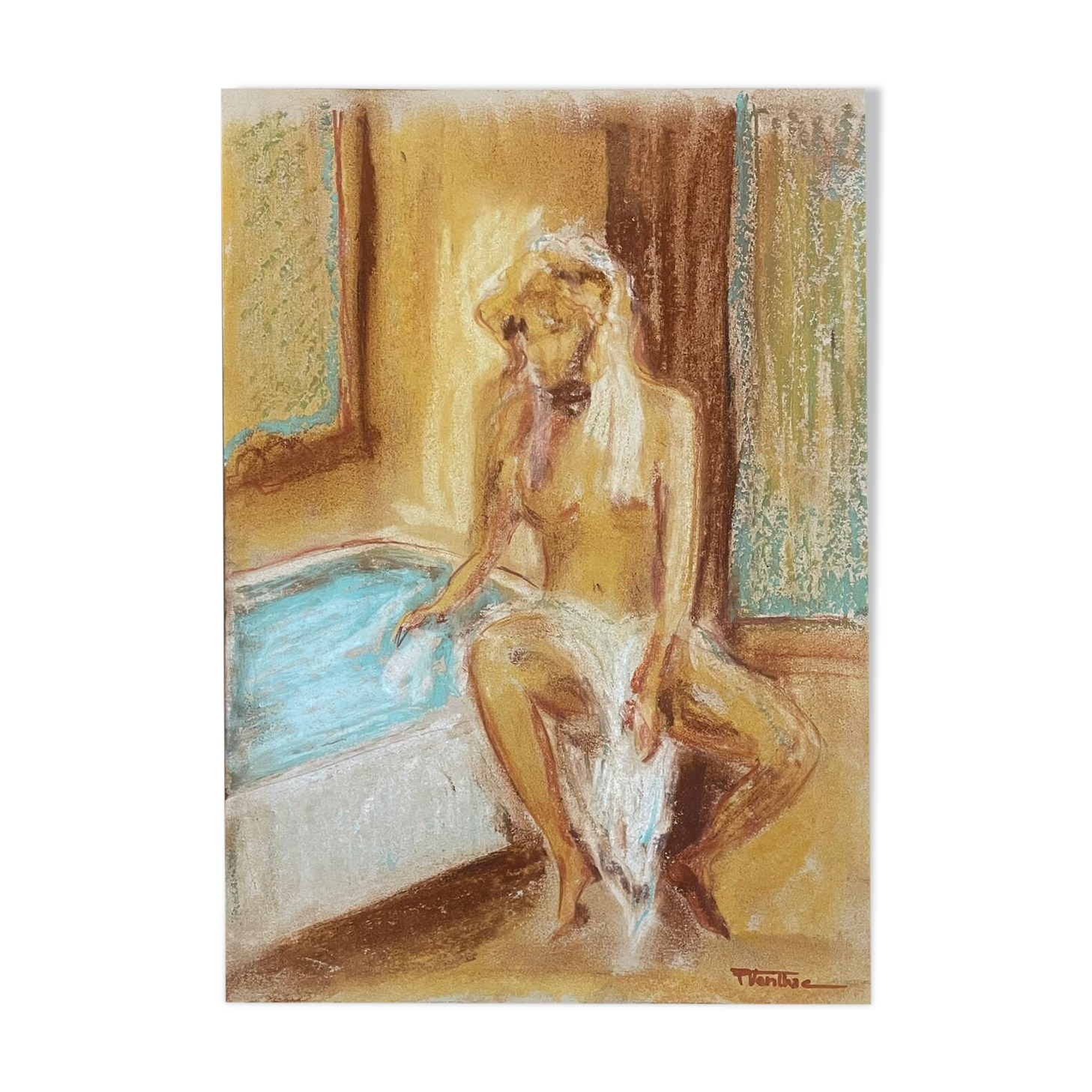 Signed pastel painting "The Bath" featuring a female portrait.