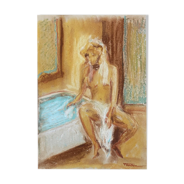 Signed pastel painting of a female portrait "The Bath"