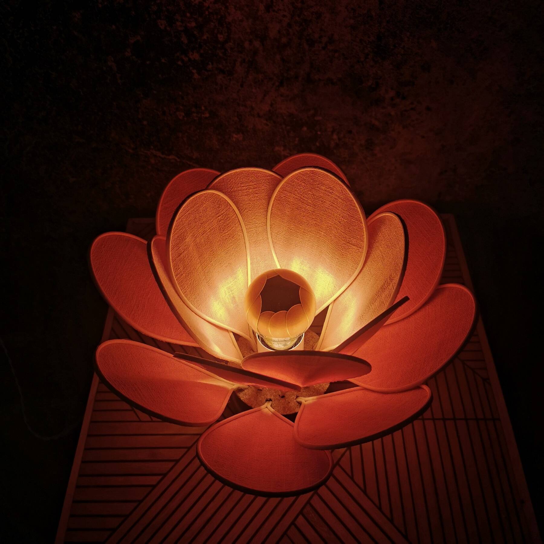 Flower table lamp made of rattan and blush pink linen petals