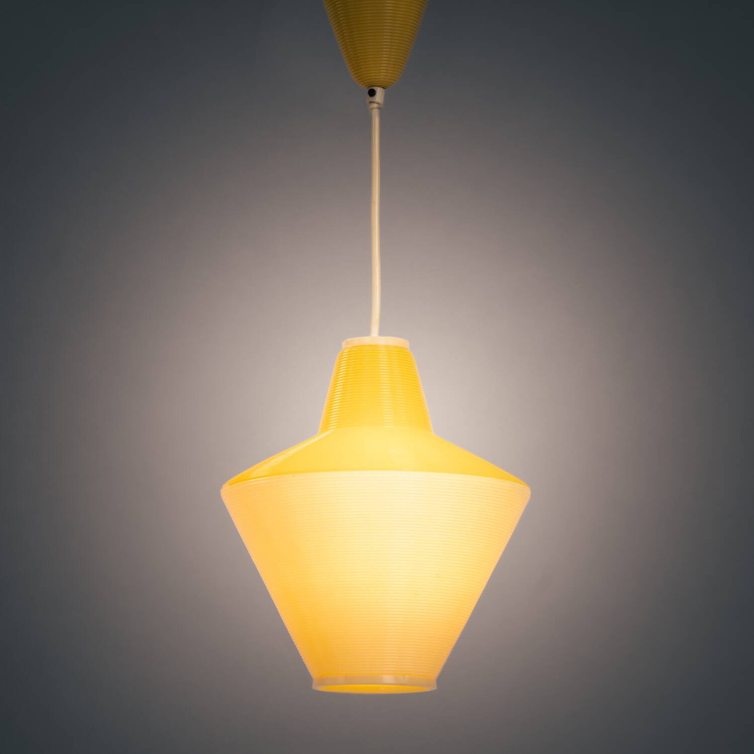 Yellow Rotaflex cellulose pending lamp by A.R.P, France 1970s
