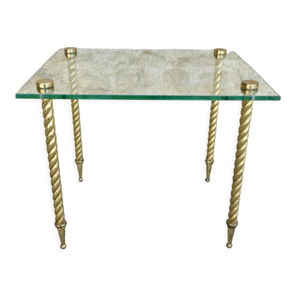 Bout de canapé, en verre et pieds torsadés en métal doré