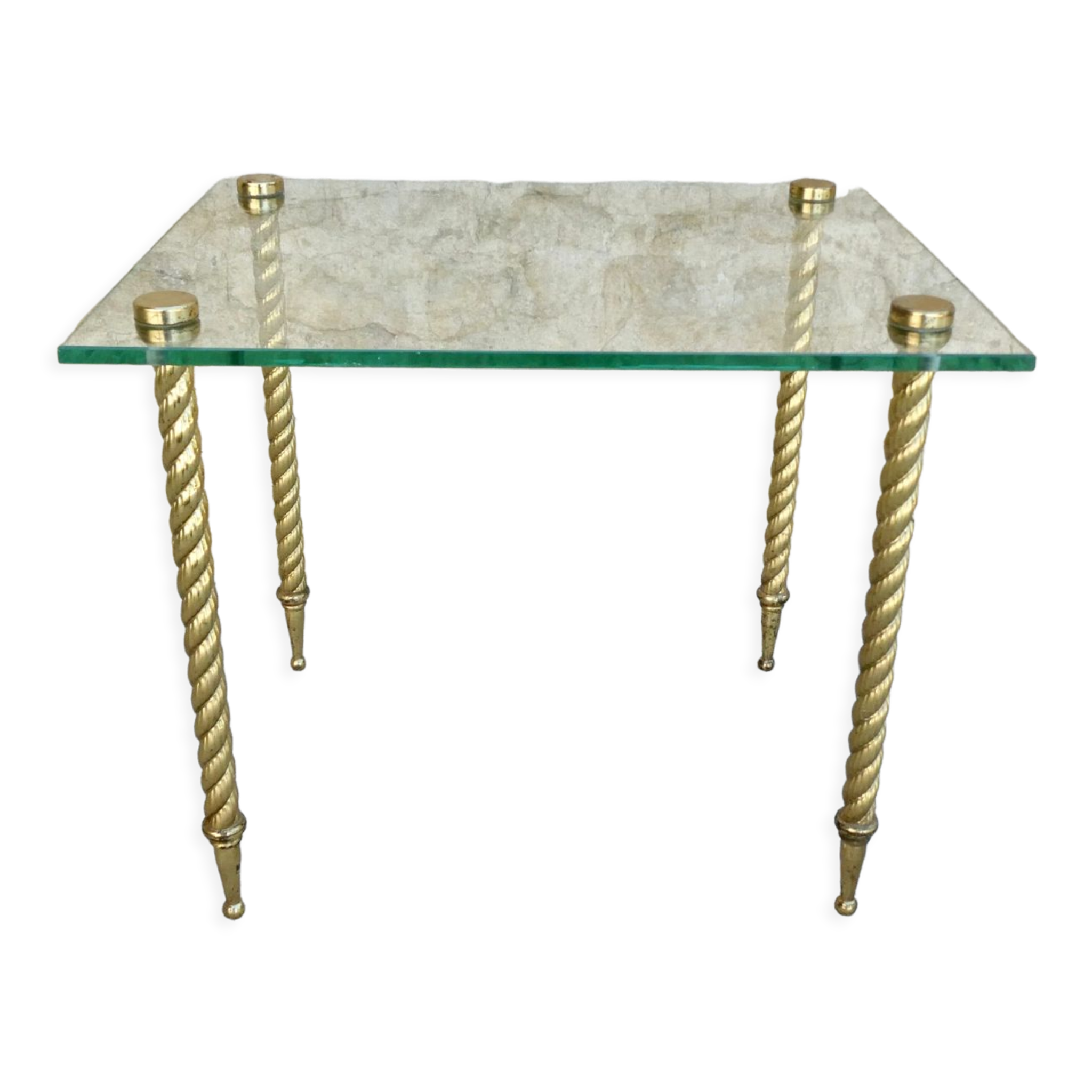 End of sofa, glass and twisted legs in gilded metal