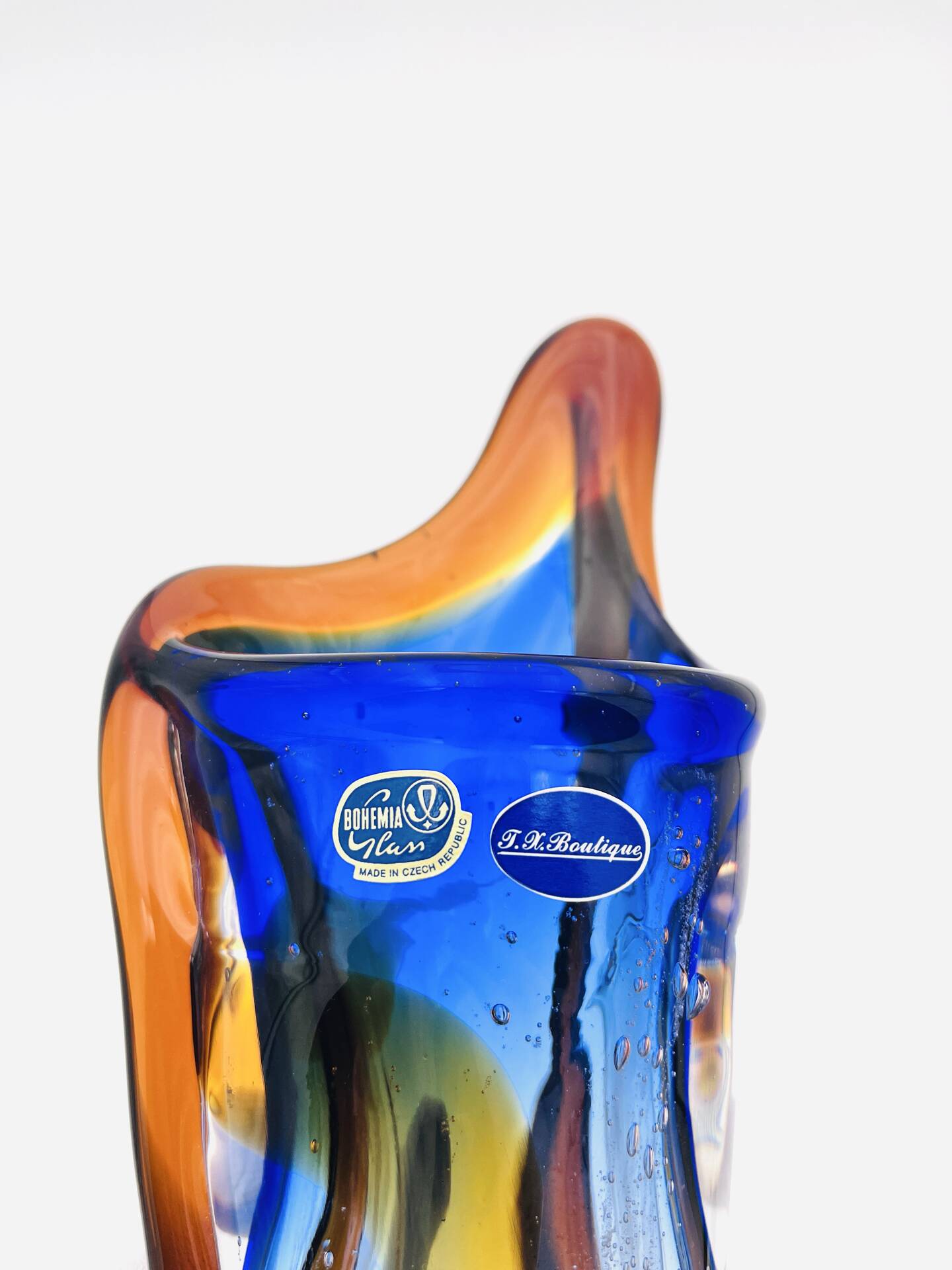 Large stretched glass sculpture vase from Bohemia – Cobalt blue, Amber