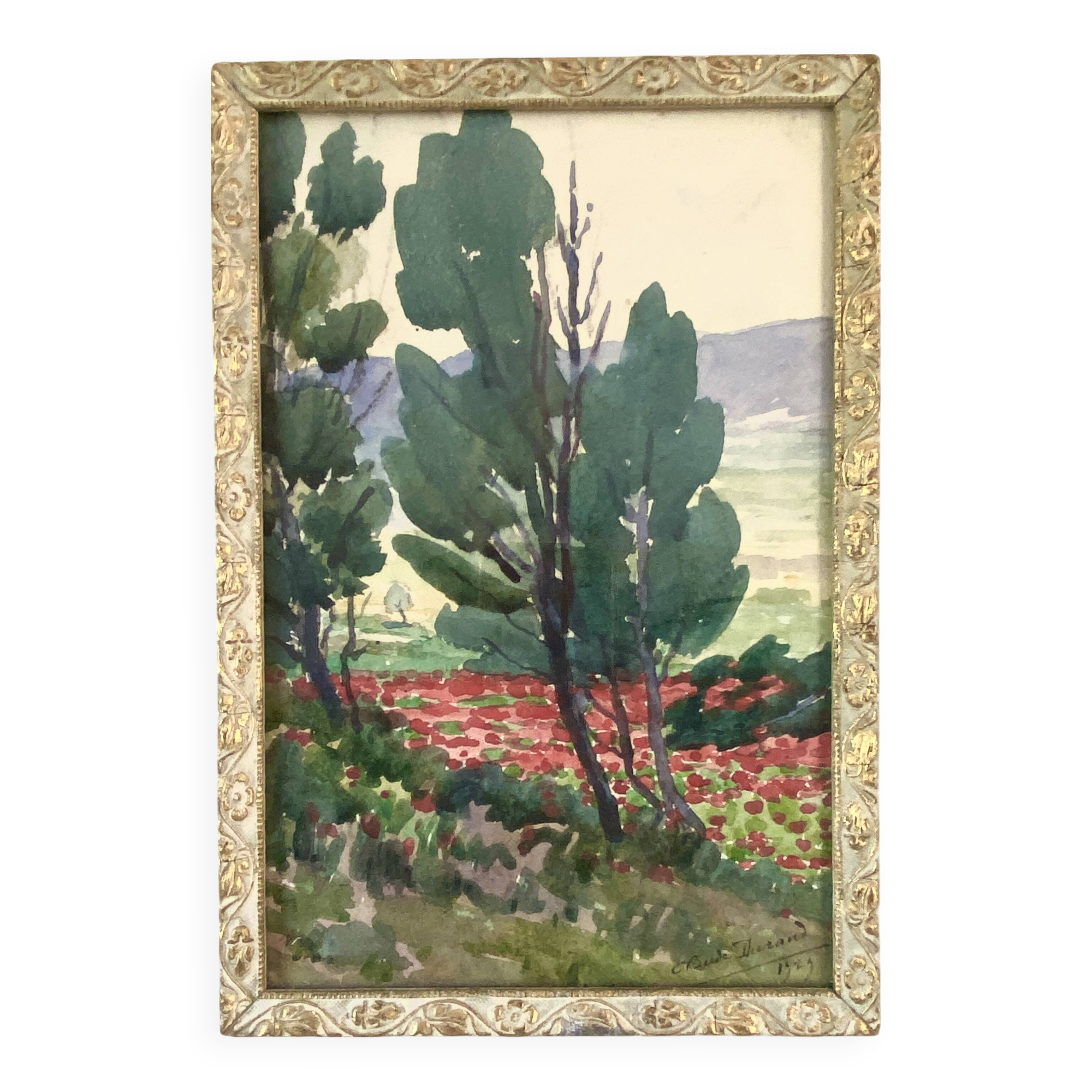1930 painting "poppies" wooden frame with glass