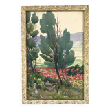 1930 painting "poppies" wooden frame with glass