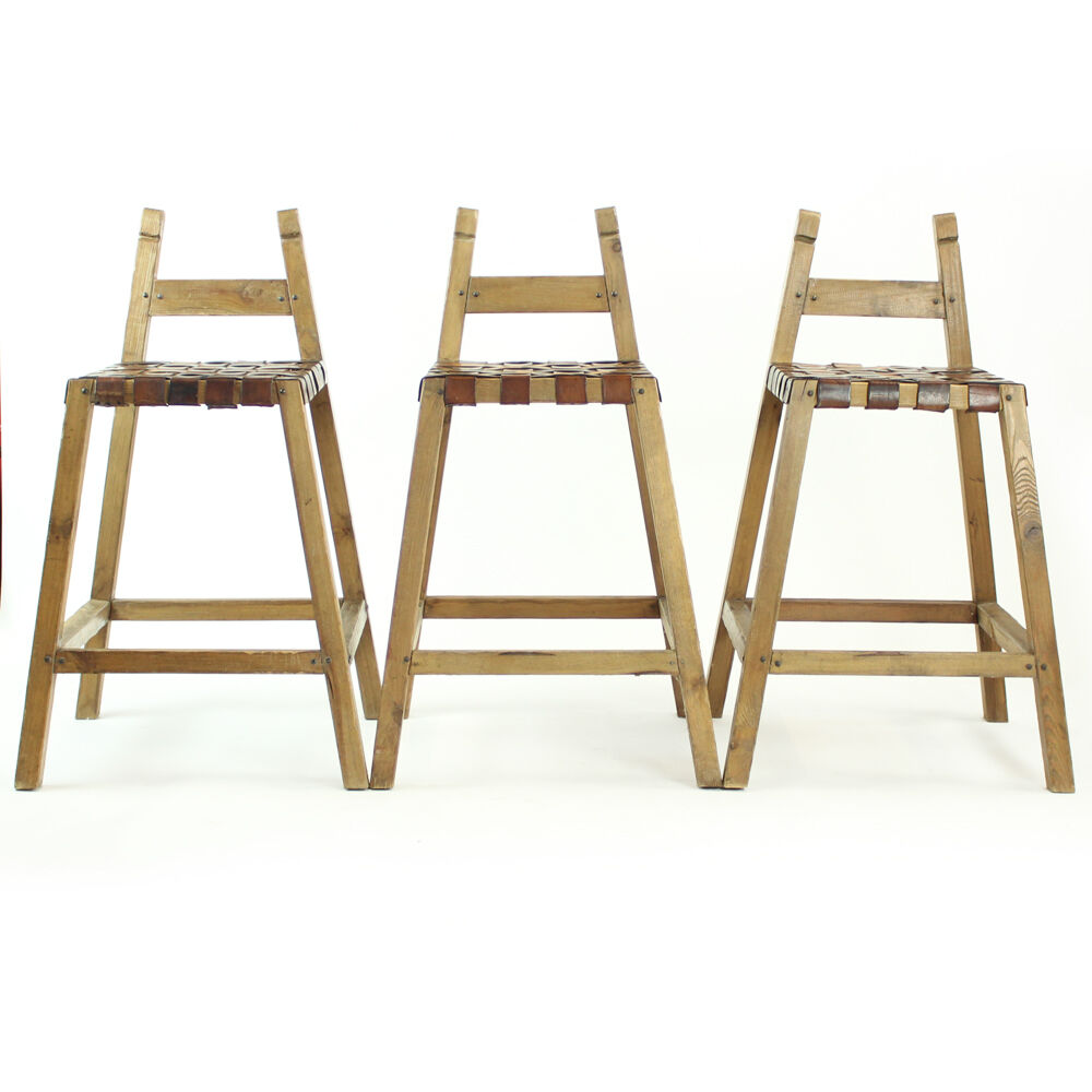Tabourets de barre de cru en bois et cuir, Tchécoslovaquie années 1950