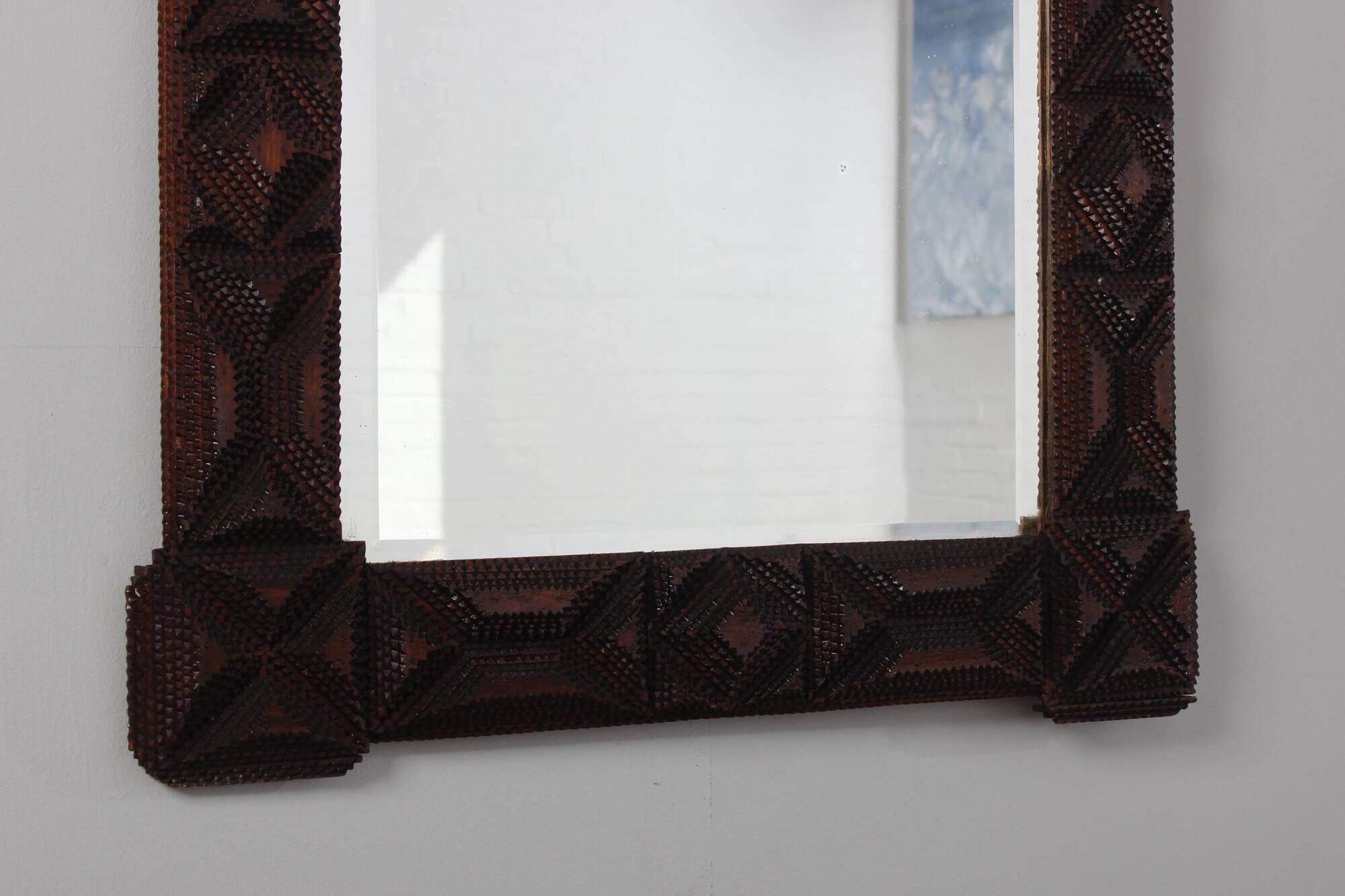 Antique Tramp Art wall mirror brutalism chip carving 1900