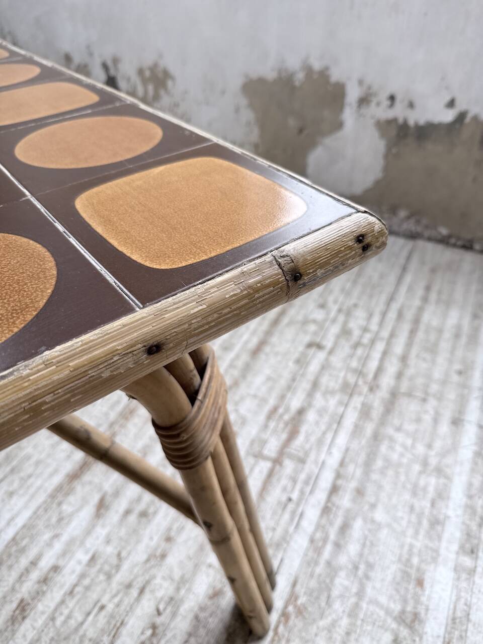 1950s rattan table with ceramic top
