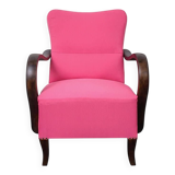 Pair of Art Deco pink armchairs in fabric and wood, 1920s, fully restored.