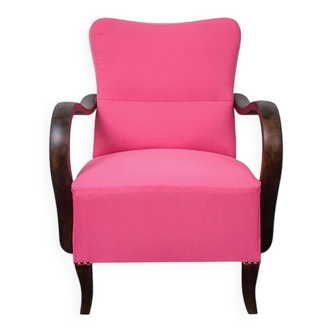 Pair of Art Deco pink armchairs in fabric and wood, 1920s, fully restored.