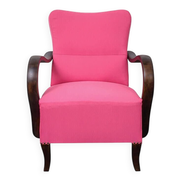 Pair of Art Deco pink armchairs in fabric and wood, 1920s, fully restored.