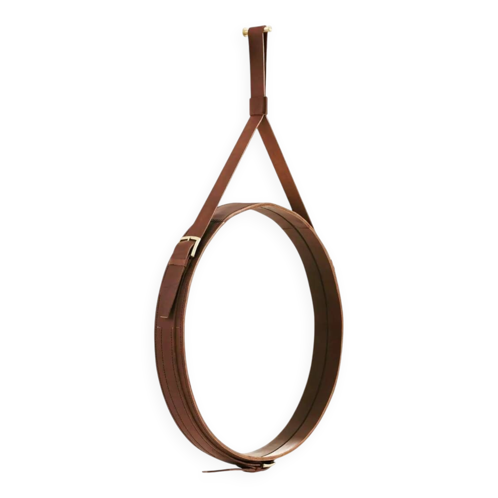Handmade J. Adnet style mirror in brown vegetable-tanned leather, ø 45 cm