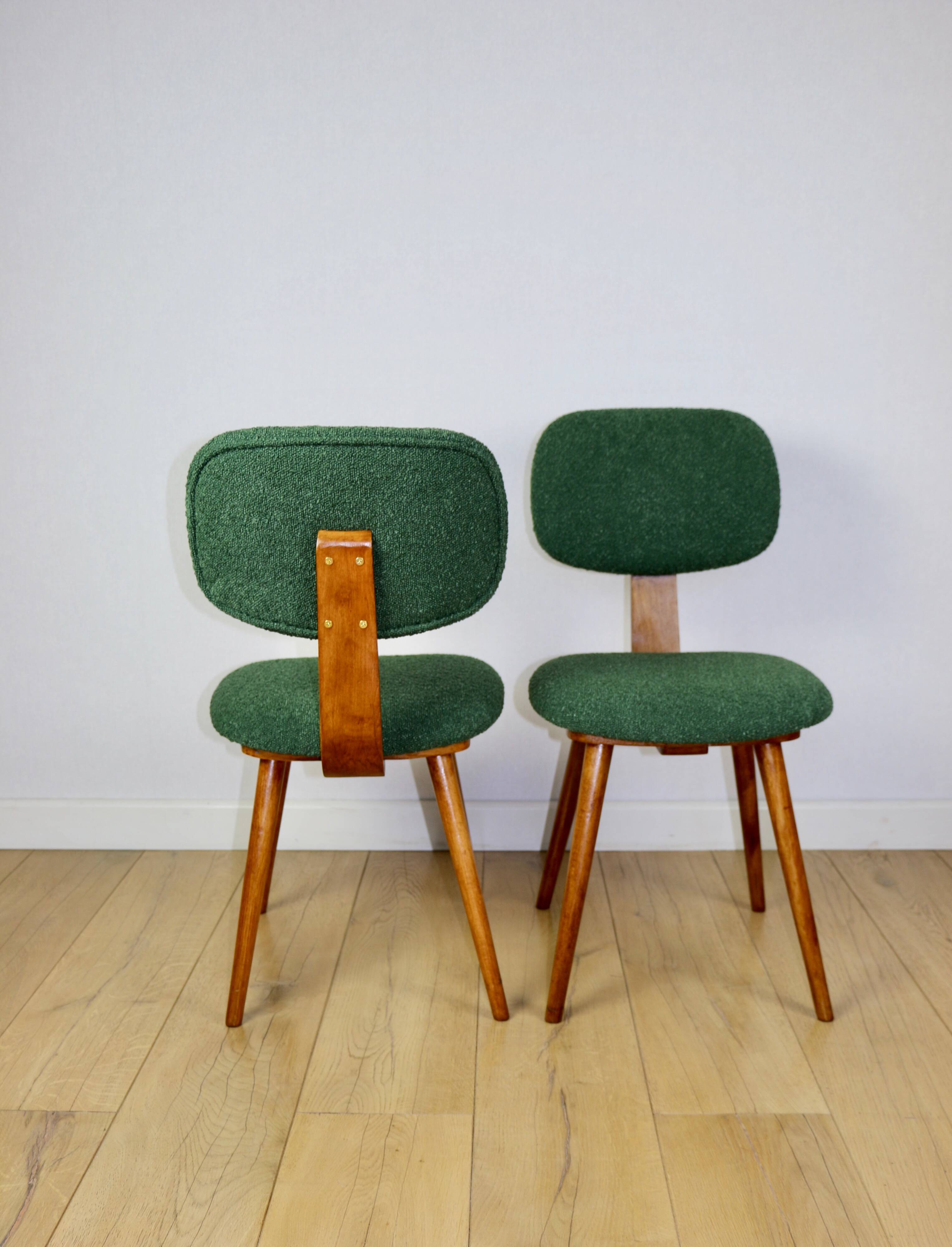 Vintage chair with green boucle backrest like Skoczek - set of 2 chairs