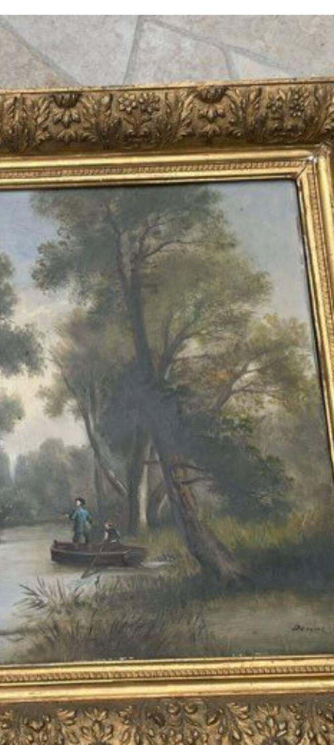 Large old painting landscape river – oil on canvas late 19th century – framed