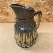 Antique Barrel Shaped Pitcher Glazed Stoneware Beige & Blue Vintage Service