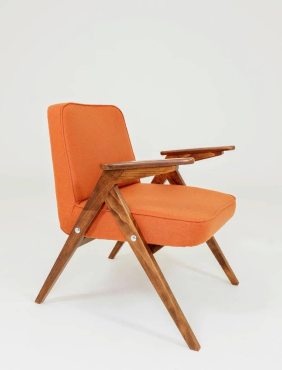 Fauteuil lounge vintage en laine, tissu orange et bois de hêtre