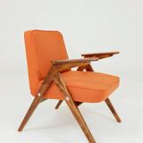 Fauteuil lounge vintage en laine, tissu orange et bois de hêtre