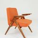 Fauteuil lounge vintage en laine, tissu orange et bois de hêtre