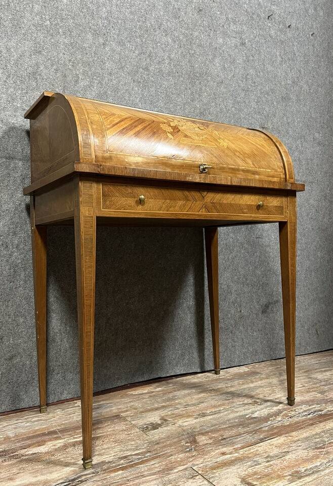 Louis XVI style cylinder desk in marquetry with floral decorations circa 1880