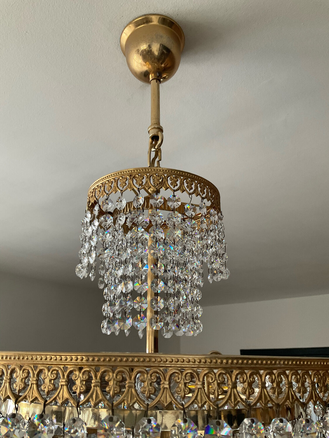 Brass chandelier and crystal tassel waterfall
