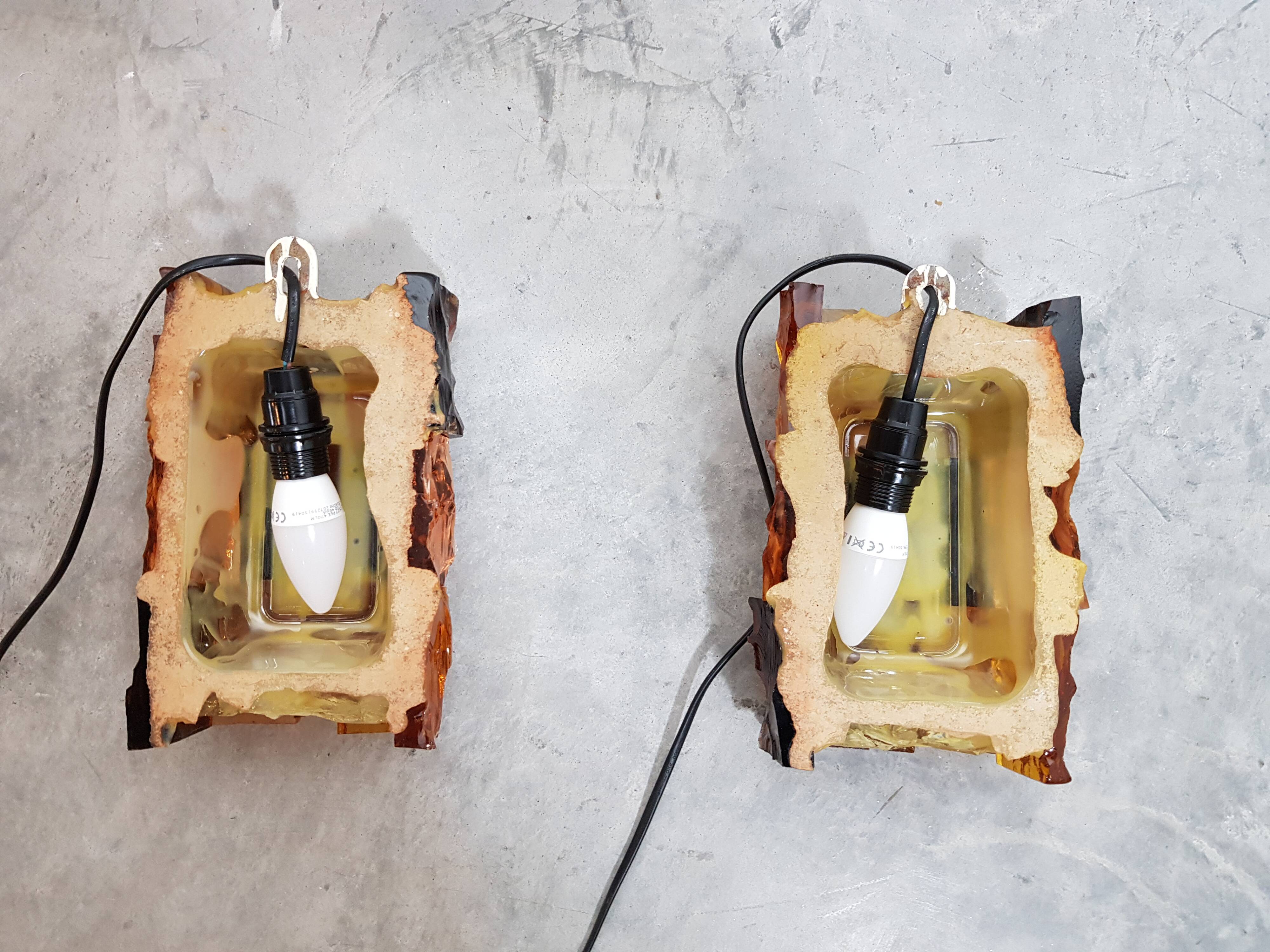 Pair of brutalist wall light in cut glass by Jean Simon Labret