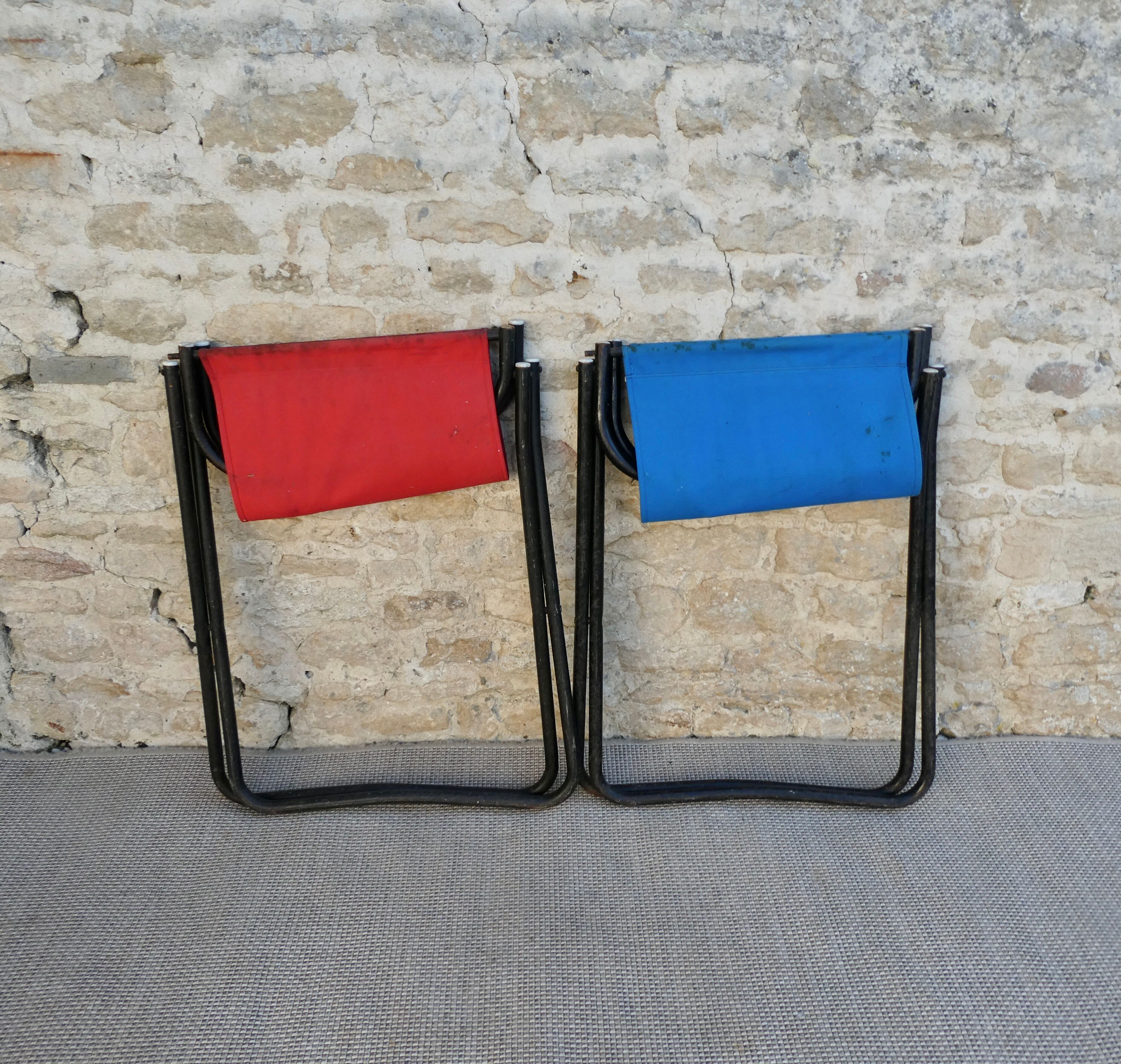Pair of folding armchairs from the 60s, in metal and fabric