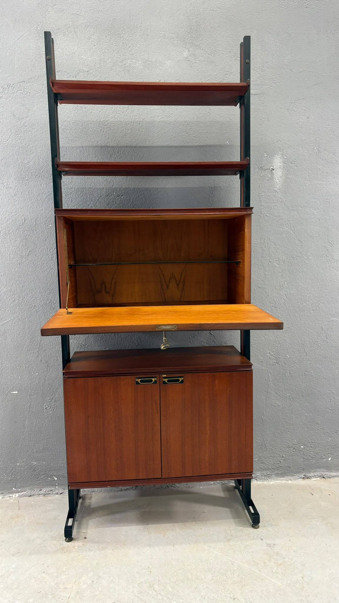 Unité murale modulaire moderne du milieu du siècle, cabinet de rangement en placage et métal noir, années 1960, Europe
