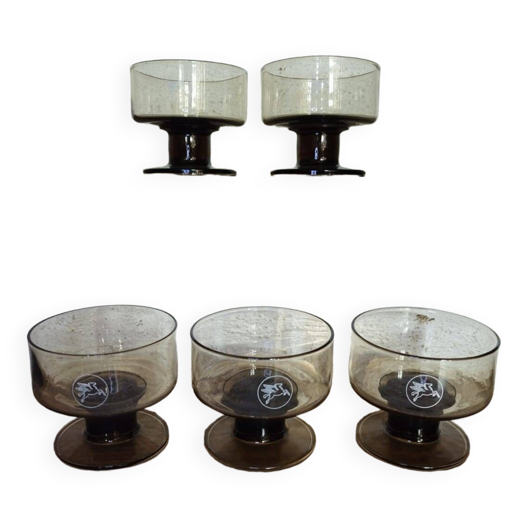 Set of 5 Pegasus Mobil Oil smoked glass cups