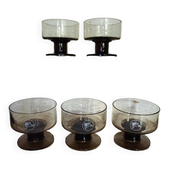 Set of 5 Pegasus Mobil Oil smoked glass cups