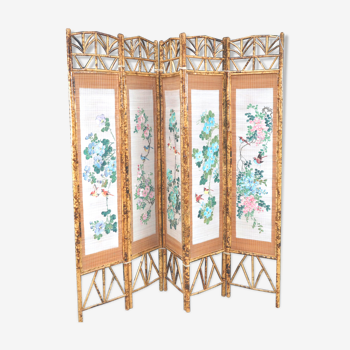 Screen in painted rice straw, bamboo and rattan with 5 panels - 1970