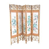 Screen in painted rice straw, bamboo and rattan with 5 panels - 1970