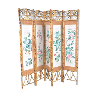Screen in painted rice straw, bamboo and rattan with 5 panels - 1970