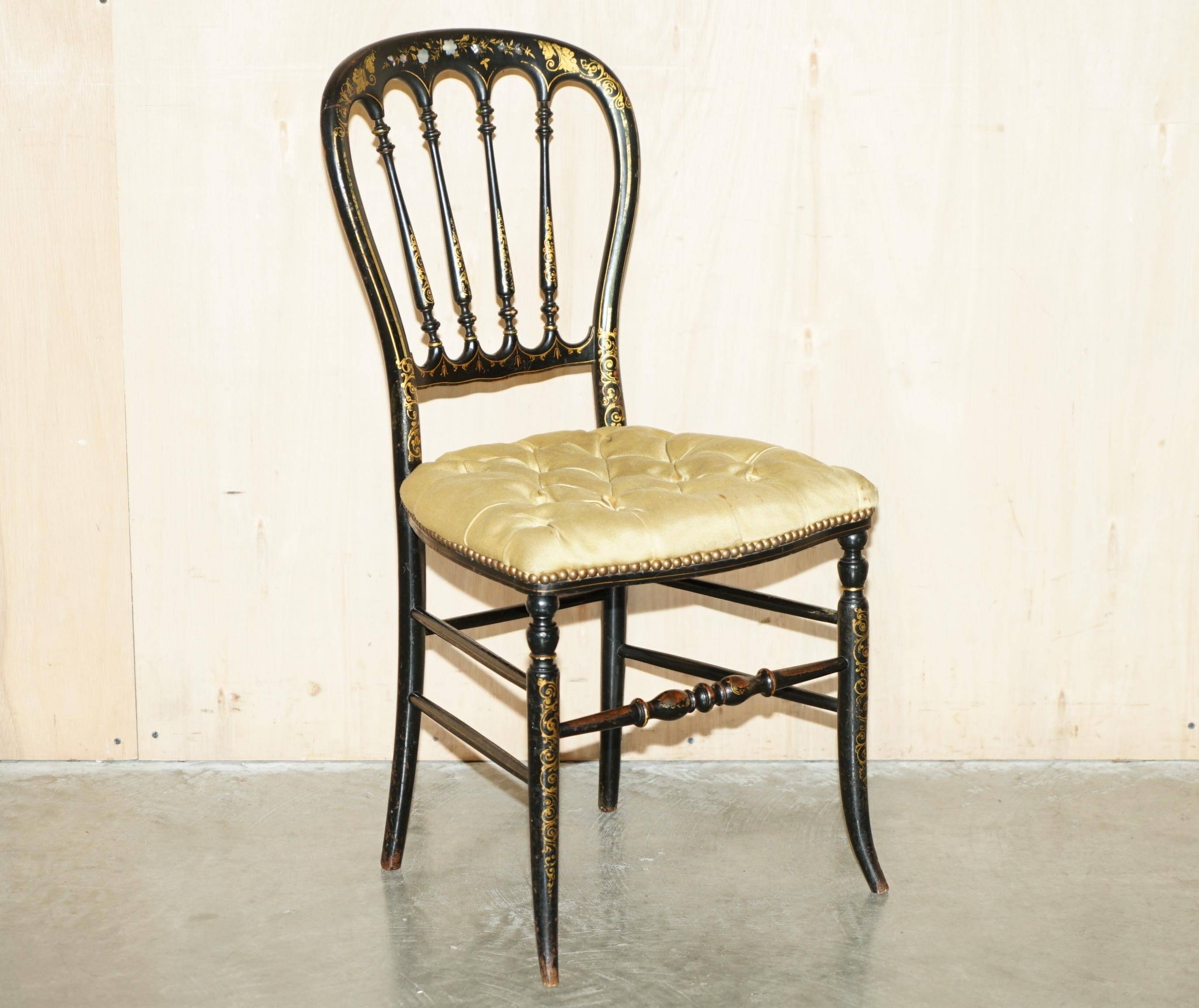 Regency Antique 1815 Occasional Chair in Ebonised Wood, Mother of Pearl, Silk and Chesterfield Upholstered Seat