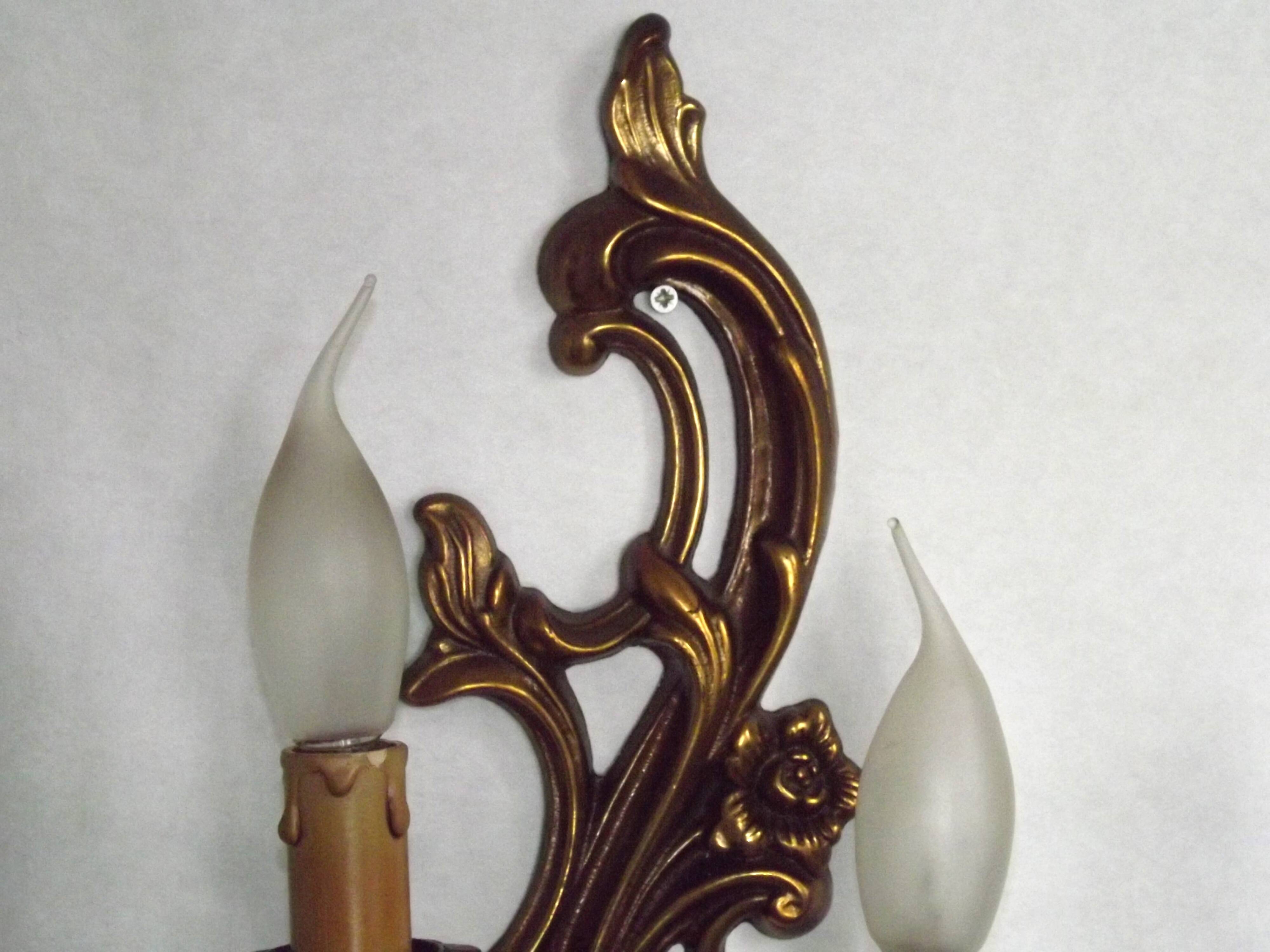 Pair Vintage French Bronze Double Wall Lights Acanthus Leaf & Flower Detail