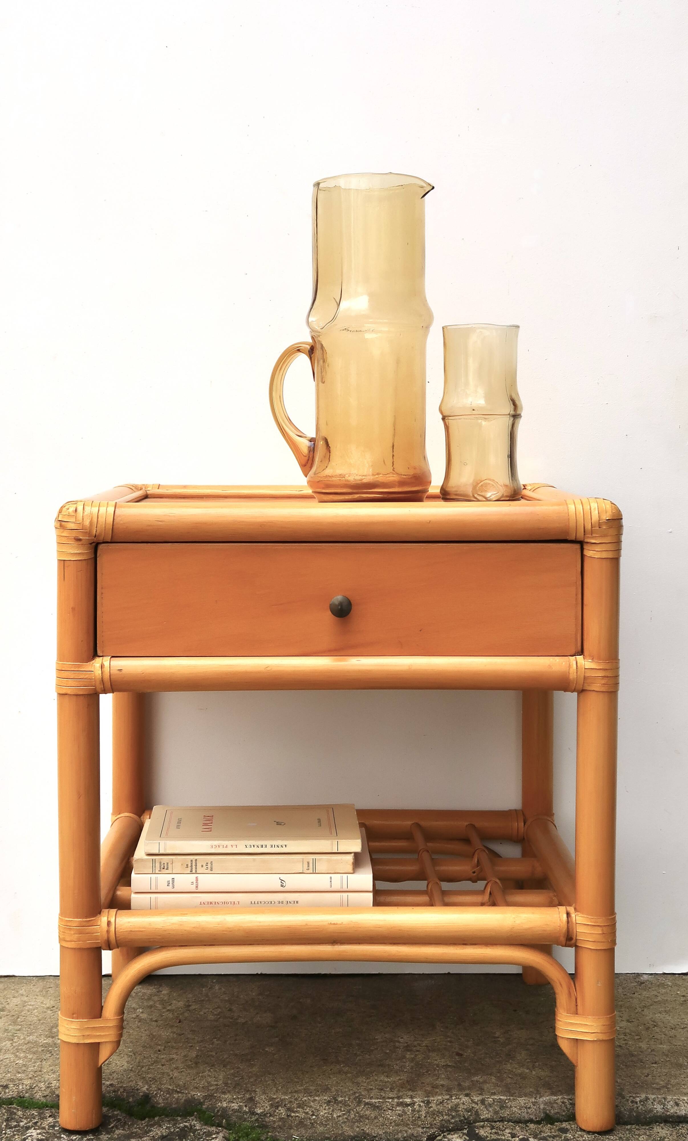 Bedside or side table in wood, bamboo and rattan, 1970s
