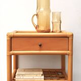 Bedside or side table in wood, bamboo and rattan, 1970s