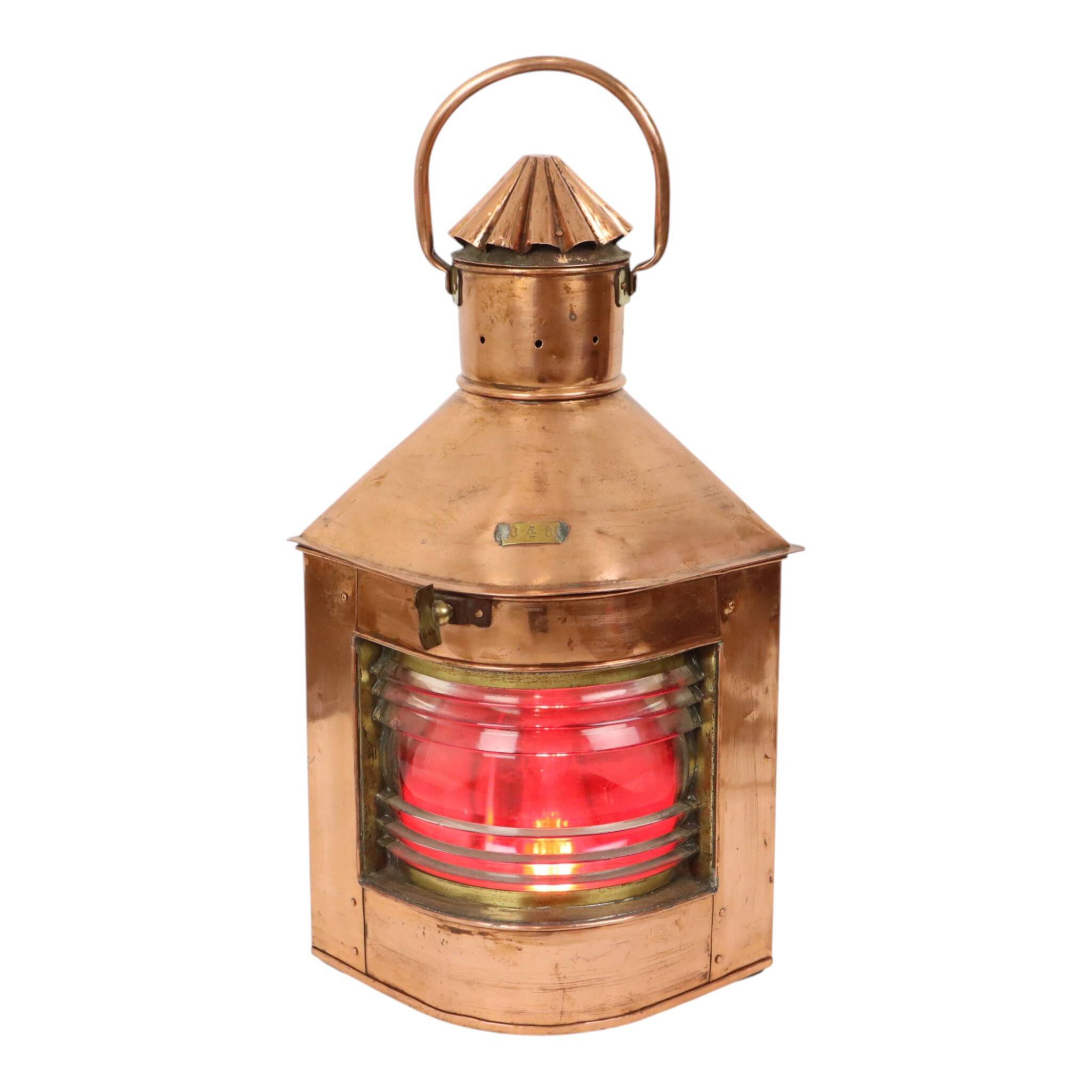 Large Vintage Ship's Lamp Red Copper Fresnel Lens 49cm
