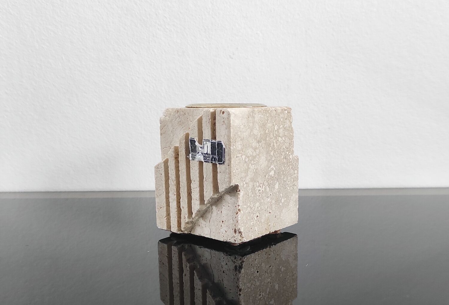 Table lighter / Candle holder in Travertine Cerri Nestore Vintage 70s