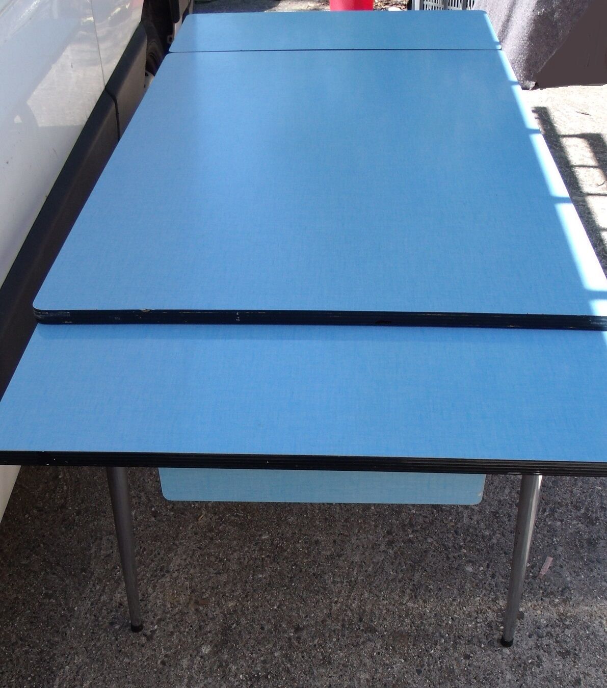 Blue formica table with extension with drawer