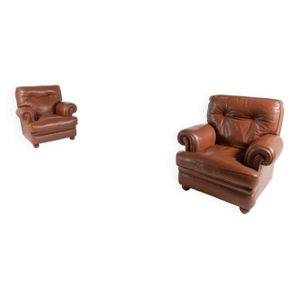 Pair of brown leather club armchairs from 1970’s, Italy