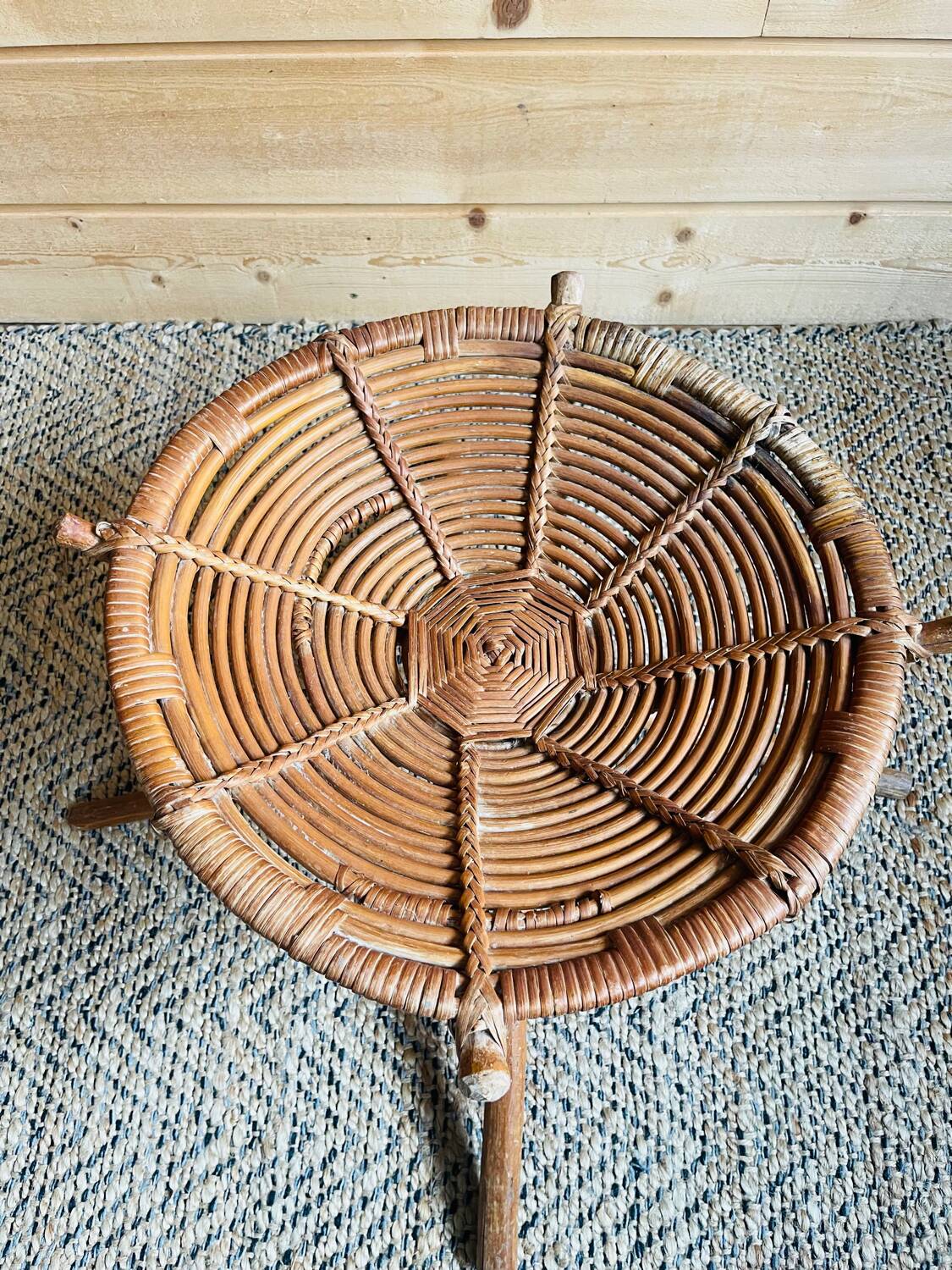 Rattan and wood stool