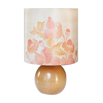 Blond wood lamp, silk lampshade, 70s