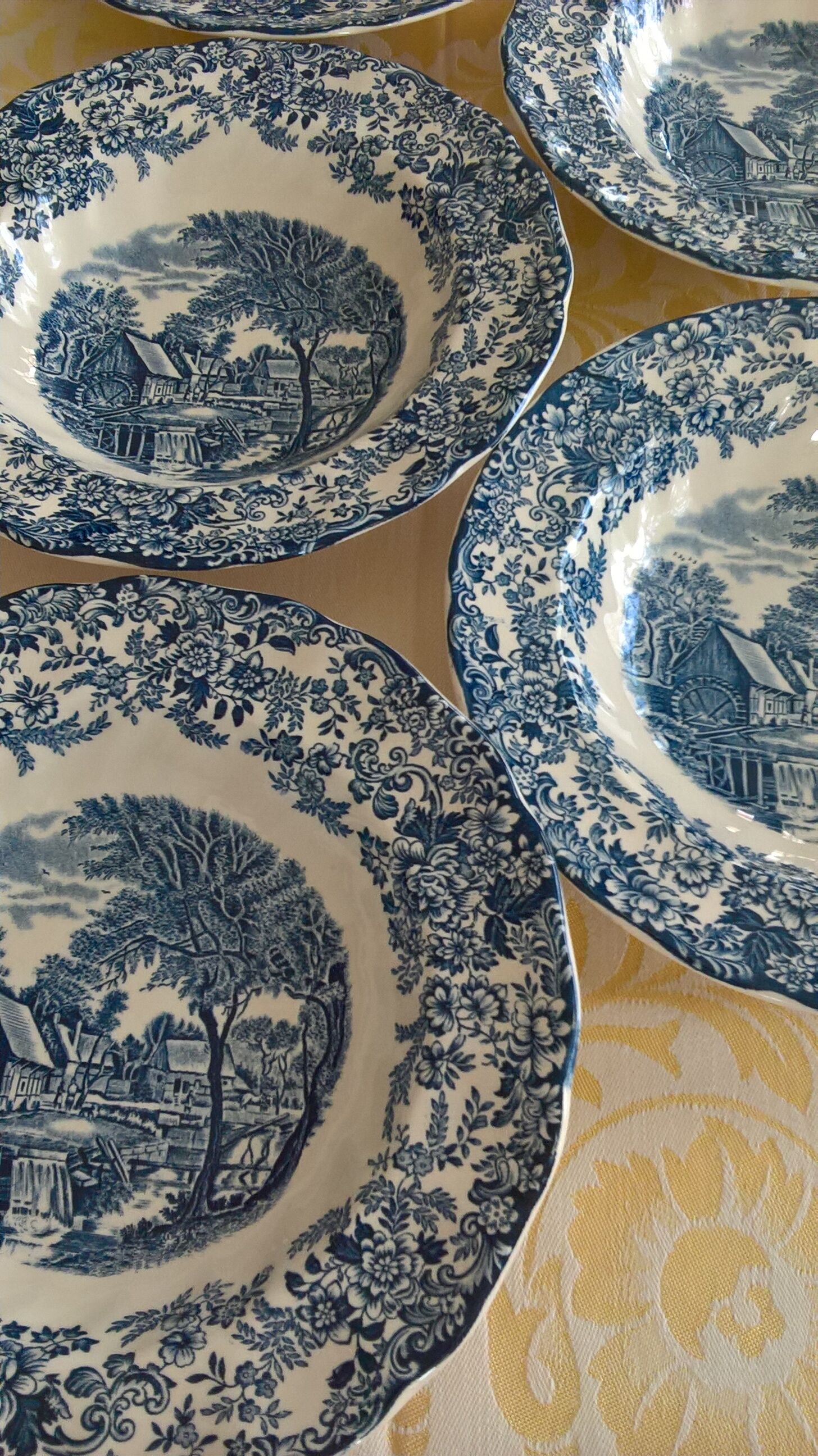 Eight English hollow plates Johnson Bros "Mill Stream"