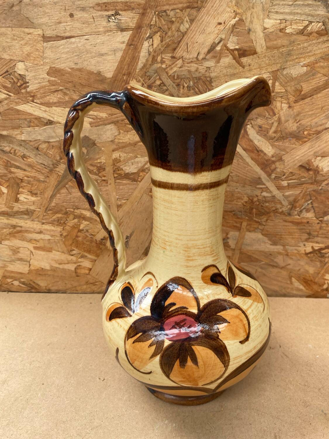 Antique JASBA Ceramic Pitcher Brown Beige Flower Decor Germany Vintage #B243